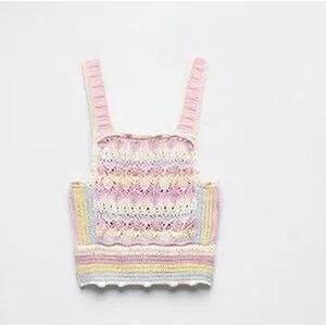 Zara Crochet Knit Crop Top Women Small Pastel Striped Pointelle Boho Square Neck